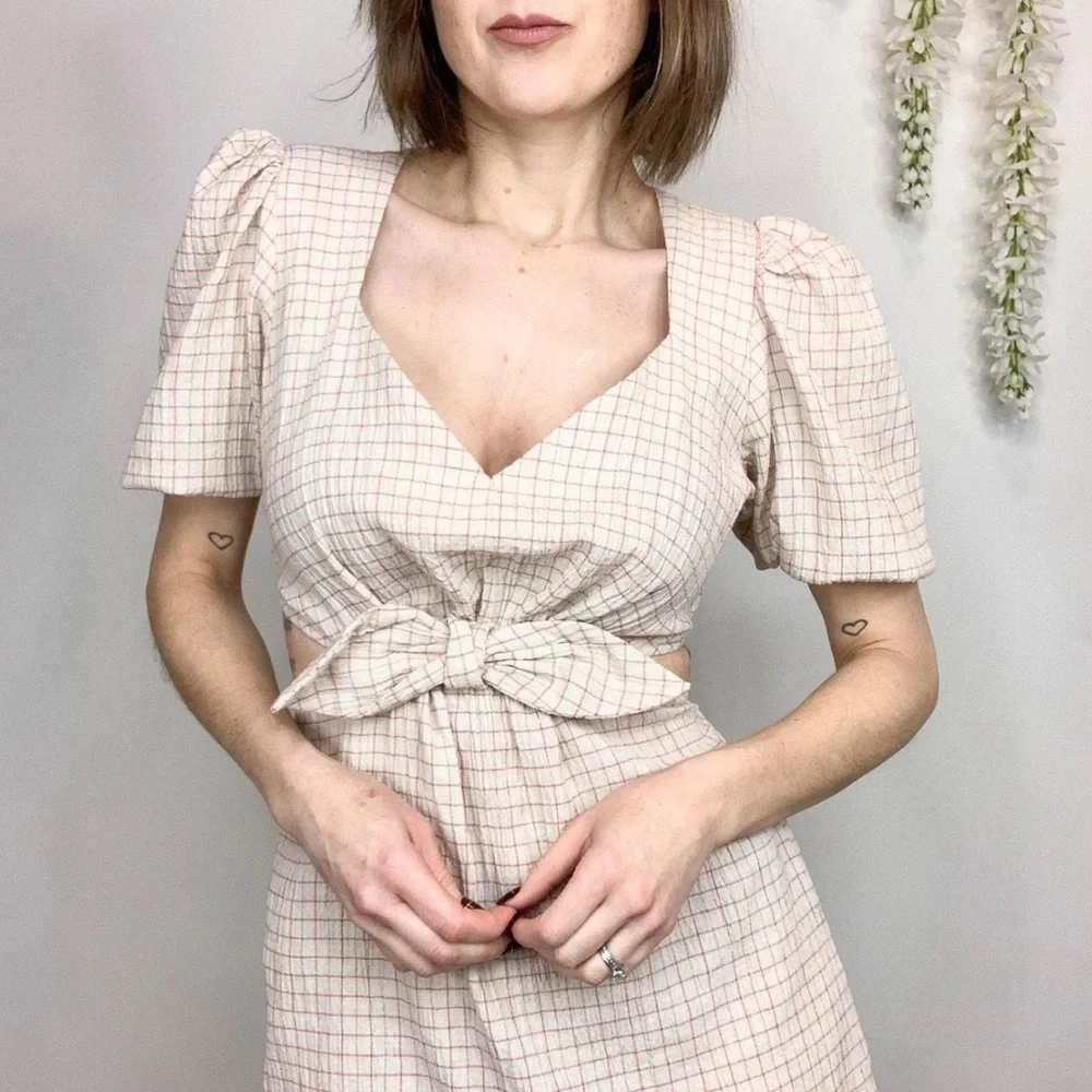 Zara NWT Size S Cotton/Linen Blend Plaid Cut Out Waist Minidress -NWT per Pics - Picture 2 of 10